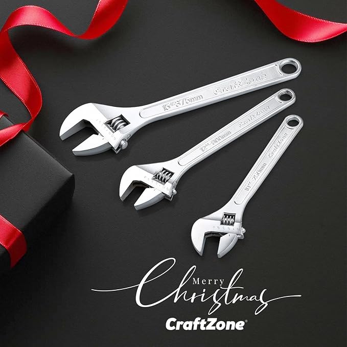 CRAFTZONE Adjustable Wrench Set, 3pc Wrench Set with SAE and Metric Scales, Heat-Treated Carbon Steel with Chrome Plated, Wide Jaw Wrenches for Home, Plumbing, Garage (10, 12, 15 Inch)