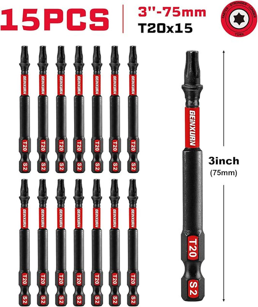 15Pieces T20 3 In. Insert Driver Bits,Impact Tough Magnetic #20 Torx Head Power Bits, S2 Alloy Steel T20 Screwdriver Bits Set