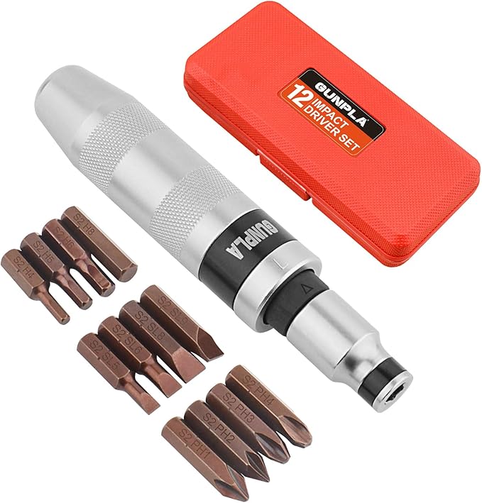 Gunpla Impact Screwdriver Set, Industrial-Grade 40CR Alloy Steel Manual Impact Driver with Phillips Slotted Hex Driver Spinning Ratchet Adapter Adjustable Handle for Fastening Loosening, 12 Piece