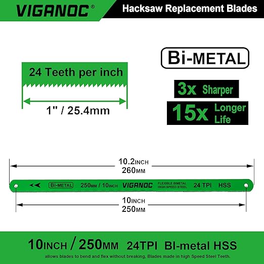 10" (250mm) Hacksaw Replacement Blades, Bi-Metal High Speed Steel Hack Saw Blades - 24TPI HSS Saw Blades, 10 Pack