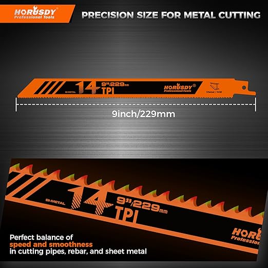 HORUSDY 6PCS 9-Inch 14TPI Bi-Metal Reciprocating Saw Blades, Heavy-Duty Blades for Cutting Steel Pipe, Rebar and Sheet Metal, Universal Shank Fits Most Saws