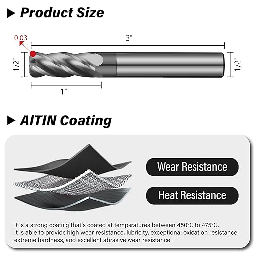 1/2" Carbide Corner Radius End Mills - 0.03" Corner Radius, AlTiN Coated, 4 Flute Endmill for Milling Alloy Steel, Cast Iron, Copper