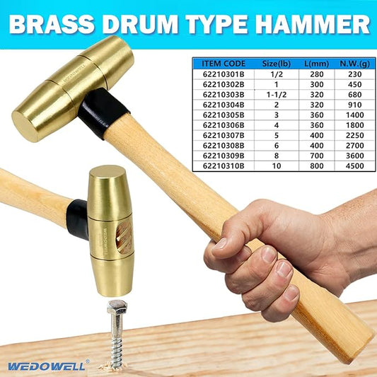 WEDOWELL 8lb Brass Hammer with Wooden Handle,Drum Type Mallet,Solid Brass Head,Length 700mm,Shock-resistant,Die-forged,DIN Standard,Ideal for Demolition,Construction,Blacksmithing