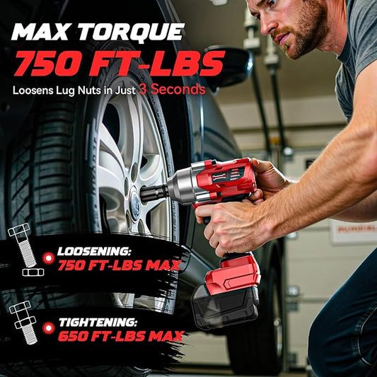 Cordless Impact Wrench 1/2" Compatible with Milwaukee 18v Battery, 750 Ft-lbs High Torque Impact Driver with 6Pcs Sockets & Storage Case, Impact Gun with 4-Speed & LED Light(Bare Tool)