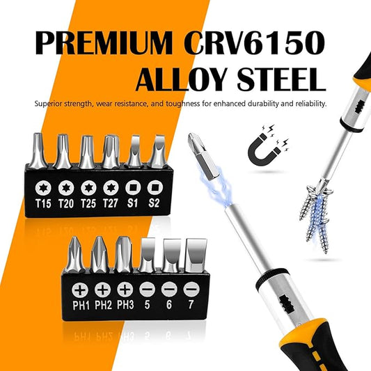 13-in-1 Ratcheting Screwdriver Set, Adjustable Multi-bit with Magnetic Tips (Flat, Phillips, Torx, Hex, Square, Nut Drivers), Cushion Grip Handle
