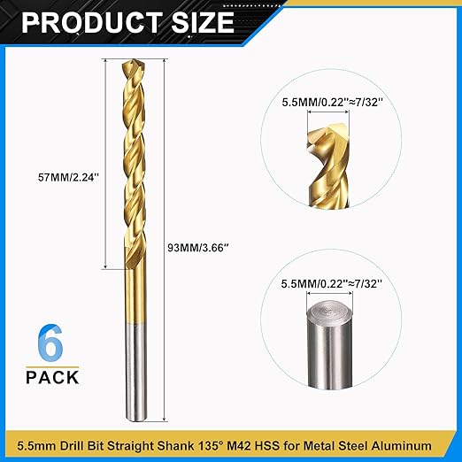 PATIKIL 5.5mm Drill Bit, M42 8% Cobalt High-Speed Steel Jobber Straight Shank 135° Titanium Nitride (TiN) Coated for Hard Metal Stainless Steel - 6 Pack