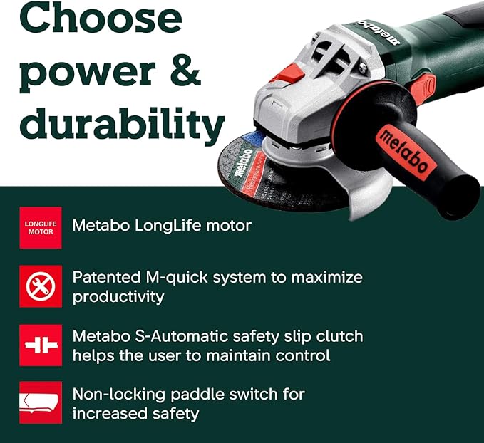 Metabo 4-1/2-5-Inch Angle Grinder, 11 Amp, 11,000 RPM, Non-Locking Paddle Switch, Made in Germany, WP 11-125 Quick, 603624420, Green