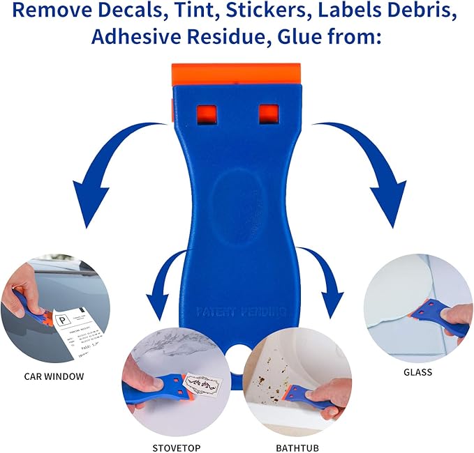 Plastic Razor Blade Scraper, 2 Pack Razor Scraper with 120 Pcs Razor Blades for Removing Glue, Sticker, Decals, Tint from Car Window and Glass(Blue)