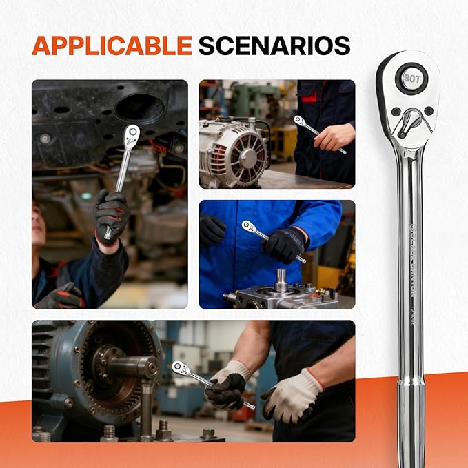 NORTHSKY 1/4" Ratchet,90-Tooth Quick-release 1/4 Drive Ratchet, Reversible Ratchet Wrench with 4-Degree Swing, 6" Long Handle, Chrome Alloy Made, Full Polished, Ratchet Wrench for Repairing, Home