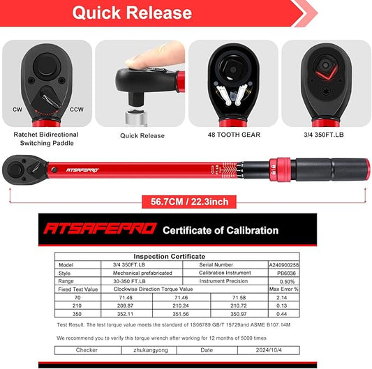 ATsafepro 3/4 Torque Wrench,3/4 Drive Torque Wrench-30-350 Ft-Lb(40.7-474.3Nm) Dual Scales,Precision Instruments Torque Wrench Pre-Calibrated Accuracy+-3%,48-Tooth Dual-Direction for Auto & Machinery