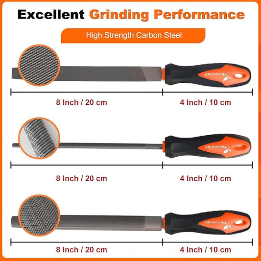 MORROWIND 3 Pcs Metal File Set, 8-Inch Carbon Steel Files with Flat, Half-Round, and Round Shapes, Heavy-Duty Hand Tools for Metal, Wood, Plastic and More, Orange