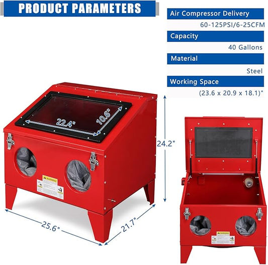 40 Gallon Bench Top Air Sandblasting,Heavy Duty Steel Cabinet Sandblaster Abrasive Blast with Gun and 4 x Nozzles Air Compressor Delivery 60-125PSI/6-25CFM for Rust Removal, Stain, Paint
