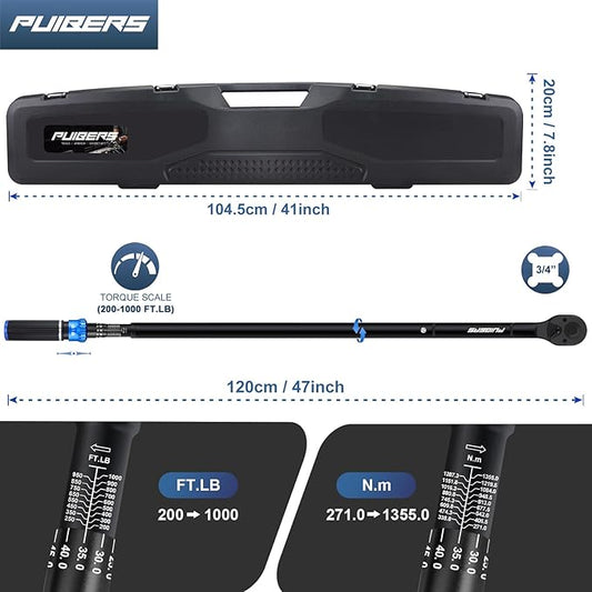 High Torque Wrench 1'' 200-1000 ft, 1 Inch Torque Wrenches for Car, Truck, Tractor, Accuracy 짹 3% Two Directions Adjustable 24 Teeth Precision Instruments