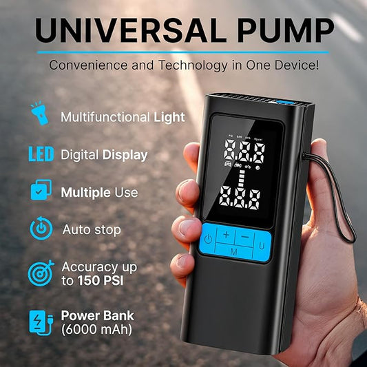 Portable Air Compressor 150PSI, Tire Inflator with Digital Display & Auto Stop, Cordless Air Pump for Car Tires, Motorcycle, Bike, Ball - Battery-Powered Air Compressor for Car Accessories