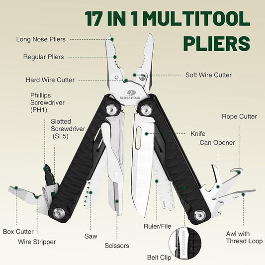MOSSY OAK Multitool, 17-in-1 EDC Multi Tool with CNC-Machined Steel Pliers, G10 Anti-Slip Handle, Nylon Sheath & Belt Clip ??Durable MultiTool for Camping, Hiking, Hunting, Survival, and Everyday Use