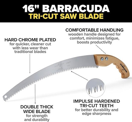 Jameson HS-16TE-WH Barracuda™ Tri-Cut Hand Saw Kit, 16-Inch Blade with Wooden Handle, Efficient and Clean Cutting