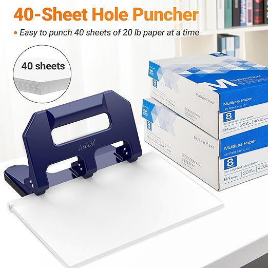 AFMAT Heavy Duty 3 Hole Punch, 3 Hole Puncher for Binder, 40-Sheet Three Hole Punch w/ 10000+ Uses, Metal Hole Puncher 3 Ring, 50% Reduced Effort, 9/32inch Hole, Bulit-in S.S. Paper Guide HPX1 (Blue)