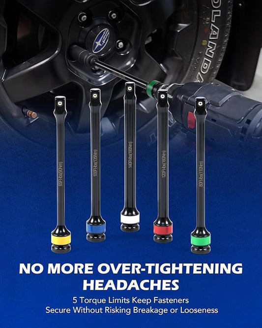 Orion Motor Tech Torque Extension, 5pcs 1/2" Drive Torque Limiting Extension Bar Set, 8 Inch Color Coded Laser Etched Torque Sticks 65-140 ft-lbs for Locking Lug Nuts