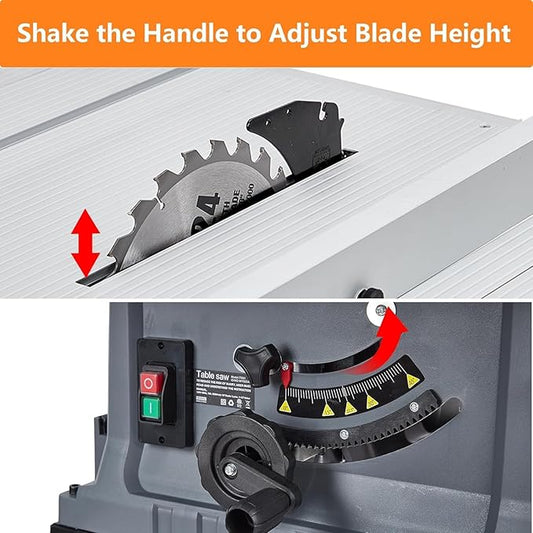 Table Saw 10 Inch, Portable Benchtop Table Saw, Stand & Push Stick, 5000RPM, Adjustable Blade Height, with Port for Connecting Dust Collector, 90°Cross Cut & 0-45°Bevel Cut