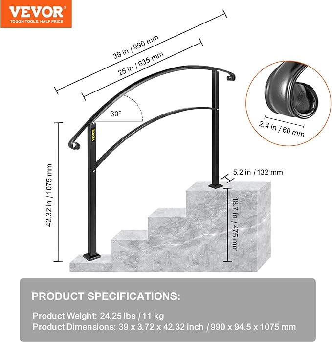 VEVOR Adjustable Metal Staircase Handrail for Outdoor Steps, 2-3 Steps Black Arch#1, Thickened Stair Railings for Porch, Deck
