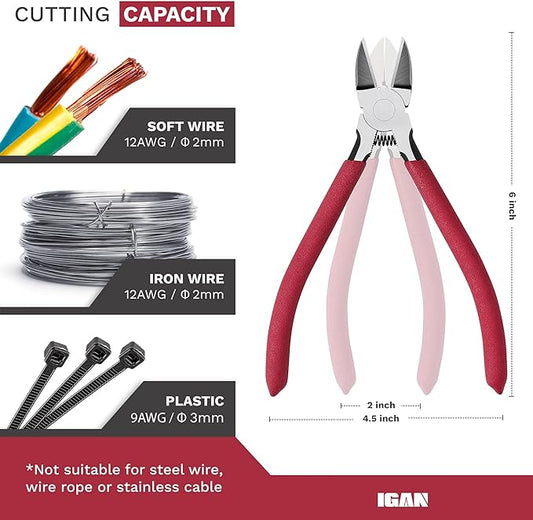 IGAN-P6 6-inch Ultra Sharp & Powerful Side Cutter Clippers with Longer Flush Cutting Edge, Ideal Wire Snips for Crafting, Floral, Electrical & Any Clean Cut Needs