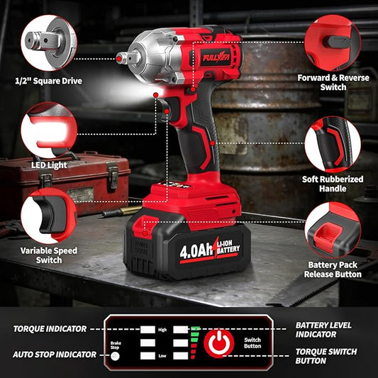 1/2" Cordless Impact Wrench, 406Ft-lbs (550N.m) Brushless Impact Gun Kit with 2x 4000mAh Battery & Fast Charger, 3000RPM High Torque Electric Impact Wrench, Power Impact Driver for Car Home
