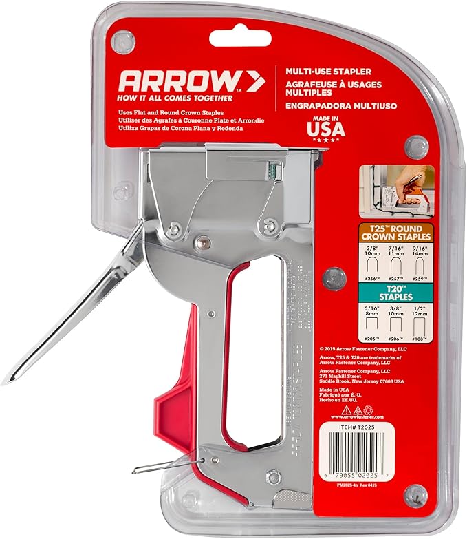 Arrow T2025 2-In-1 Staple Gun and Wire Tacker for Upholstery, Crafts and Low Voltage Wiring, Fits 3/8?? 7/16", or 9/16??Round Crown, or 5/16?? 3/8?? or 1/2" Flat Crown Staples