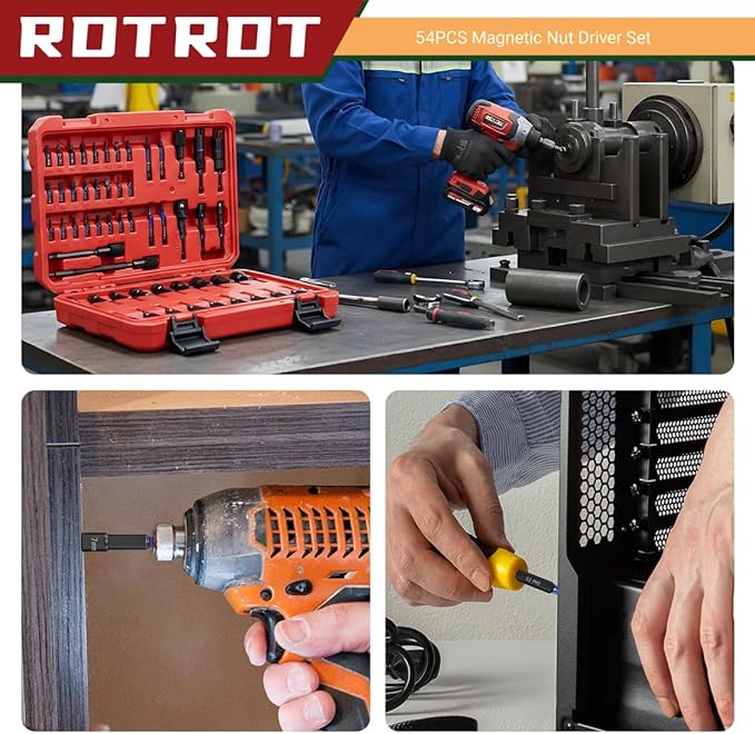 54-Piece Magnetic Nut Driver Set, Impact Drill Driver Bit 1/4", Metric & SAE Nut Drivers for Impact Drill, Socket Adapters, Screwdriver Bit, Quick-Release Extension, Wing Nut Driver, Storage Box