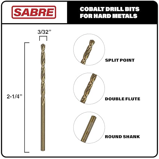 3/32 Inch Cobalt Drill Bit Set 5pcs for Metal, Steel, Hard Metal, Cast Iron (3/32 x 2-1/4")