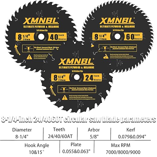 8-1/4 Inch Table Saw Blade 24T/40T/60T Combination,8-1/4 Framing Ultra Fine Finish Circular Saw Blade for Cutting Hardwoods,Softwoods,Veneer Plywood and Other Woods,Quality Alloy Tip,5/8-Inch Arbor