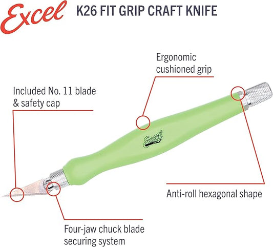 Excel Blades Fit Grip Craft Knife 3-Pack With #11 Ultra-Sharp Carbon Steel Angled Blade ??Precision Hobby Knife with Contoured Rubberized Grip for DIY, Art Crafts ??Green, Made in the USA