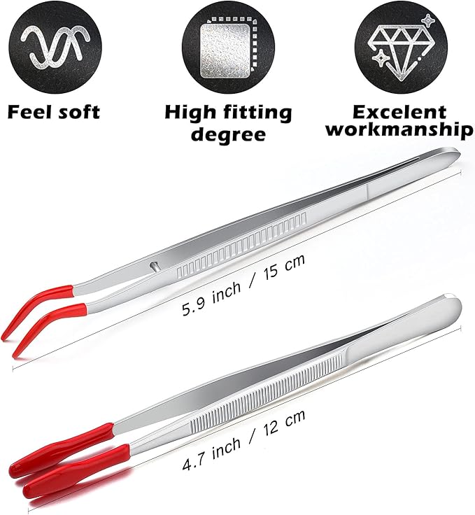 2 Pieces Bent Tip Tweezers with Rubber Tips PVC Coated and 2 Pieces Tweezers Rubber Coated PVC Soft Non Marring Flat Tips Lab Hobby Jewelry Craft Stainless Steel Tool(Red)