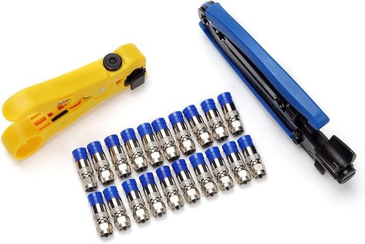 TLS.eagle Coax Cable Crimper Coaxial Compression Tool Kit Adjustable Wire Stripper with F RG6 RG59 RG11 RG7 Pack of 20 Blue
