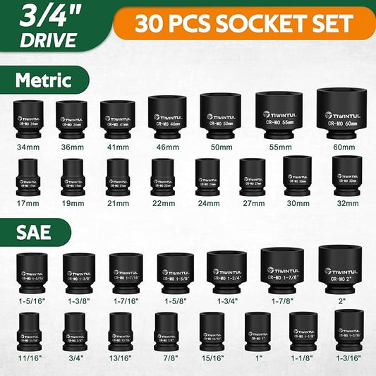 3/4 Inch Drive Impact Socket Set, 6-Point Design, CR-MO Steel, 30 PCS Large Impact Socket Set, SAE (11/16??to 2?? and Metric (17mm to 60mm), Rugged Construction, Heavy Duty Impact Sockets