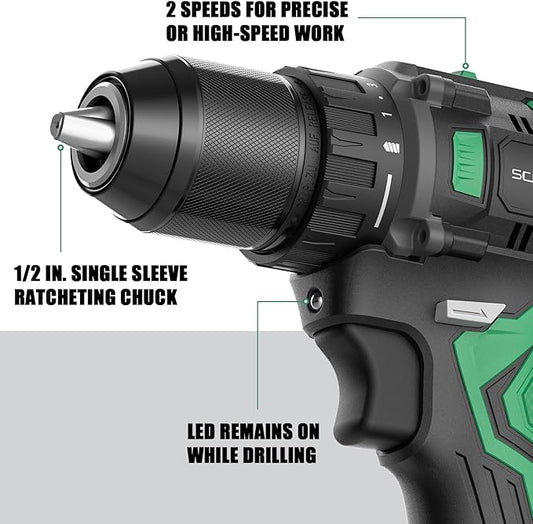 SCHNEIDER 20V MAX Cordless Drill Driver, Brushless, 619 in-lbs, 1/2 Inch Electric Drill, 2 Speed, 2 Batteries and Charger Included