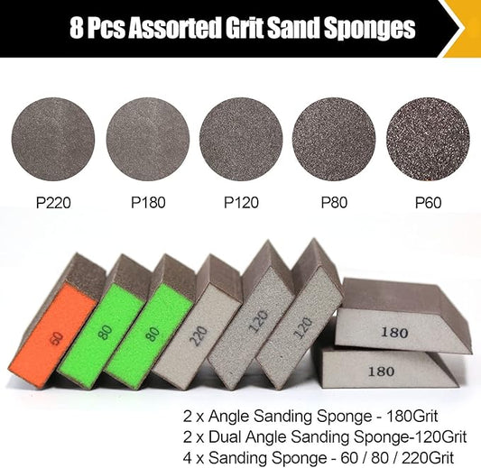 8 Pack Sanding Block, Single & Dual Angle Sanding Sponge Washable and Reusable Sanding Block for Wood Drywall Metal Glasses 60/80/120/180/220 Grit Sandpaper Block 2-3/4" 횞 5"