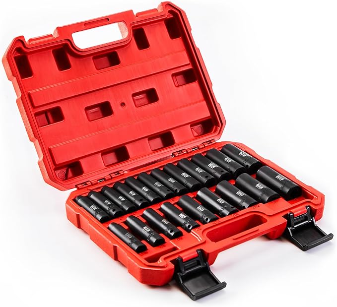 21 Pieces 3/8" Drive Deep Impact Socket Set, Standard SAE (5/16"to 3/4") & Metric (7mm to 19mm), 6 Point Design, Deep, Premium Cr-V Steel