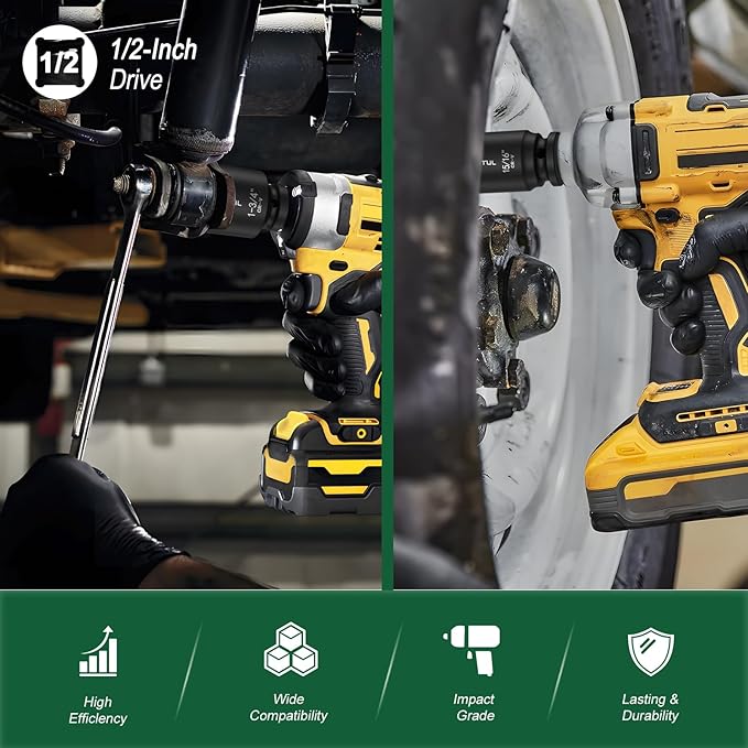 11Pcs Axle Nut Socket Set, 1/2 Drive SAE Impact Socket 15/16 to 1-3/4, CR-MO 3/4 to 1/2 Adapter, 6-Point Design Heavy Duty Socket Set for Large Auto Repairs, Agricultural implement