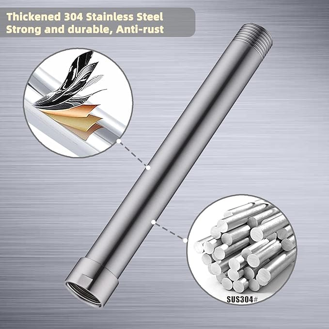 Shower Head Extension Arm 8 Inches, Shower Arm Extender for Rain and Handheld Shower Head, Solid Stainless Steel Straight Bathroom Extension Arm,Female to Male NPT 1/2 Inch, Brushed Nickel