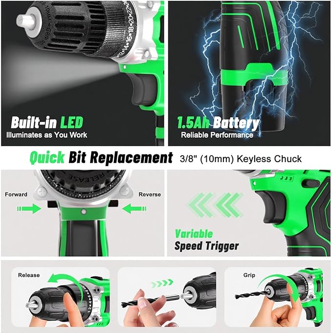 GardenJoy Cordless Power Drill Set: 12V Electric Drill with Battery and Charger, 42pcs Acessories, 3/8"Keyless Chuck, 2 Variable Speed, 24+1 Position, Compact Drill Driver Kit for Home & DIY Project