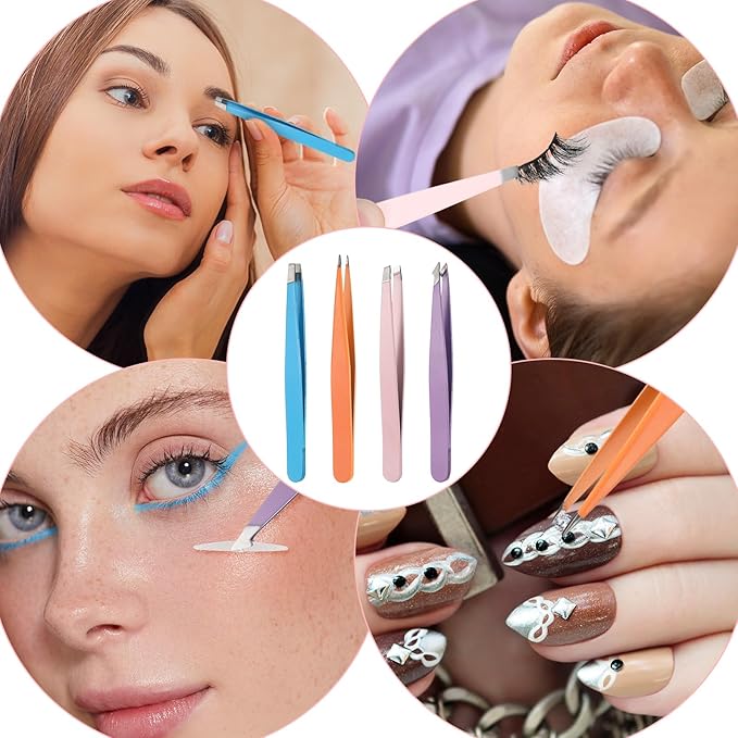 4Pcs Mini Tweezers Set, Micro Tweezers Stainless Steel Precision Eyebrow Tweezer for Facial Hair Removal, Travel Size With Leather Case