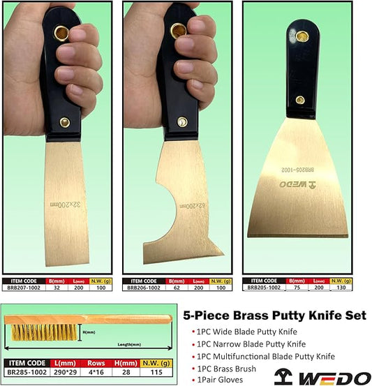WEDO 5PCS Brass Putty Knife Set,Paint Scraper, Blade 3"+ 2-1/2"+ 1-1/4",Spackle Knife, Wallpaper Scraper,Painters Tool, Crown Molding Tool, Paint Remover for Wood, Scraper