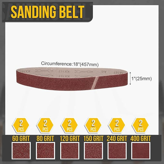 1 x 18 Inch Sanding Belt, 12 Pcs 60/80/120/150/240/400 Grits Aluminum Oxide Knife Sharpener Belts Work Sharpening for Belt Sander Knife Carving Tool Metal Working