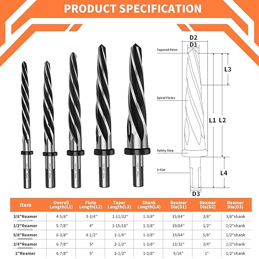 5PCS(3/8" 1/2" 5/8" 3/4" 1") Reamer Drill Bit,M2 HSS Tapered Reamer Drill Bit for Metal Wood Plastic, Bridge Construction Reamer with Non-Slip Shank,5-Spiral Flutes Bit