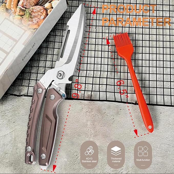All Purpose Heavy Duty Kitchen Scissors for Food, Detachable Dishwasher Safe Poultry Shears with Spring-Loaded Chicken Bone Cutter (Brown)