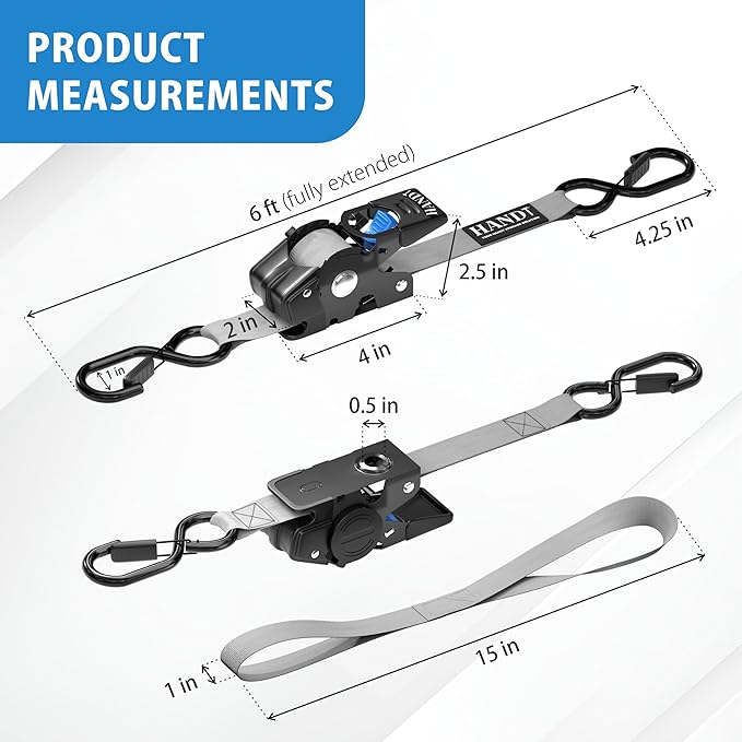 HandT USA Based Retractable Ratchet Straps (4PK) 1in x 6ft - 1,500lb Break Strength, Heavy Duty Automatic Ratchet Straps Self Retractable Tie Down, Push Button Retracting Truck Trailer Cargo | Gray