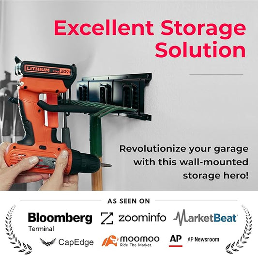 Heavy-Duty Garage Wall Storage System | Wall Mounted Tool Organizer Rack with Shelving | 10-Piece Mounting Kit | Includes 4x8.5??Adjustable Hooks & 2x16.5??Floating Utility Shelves