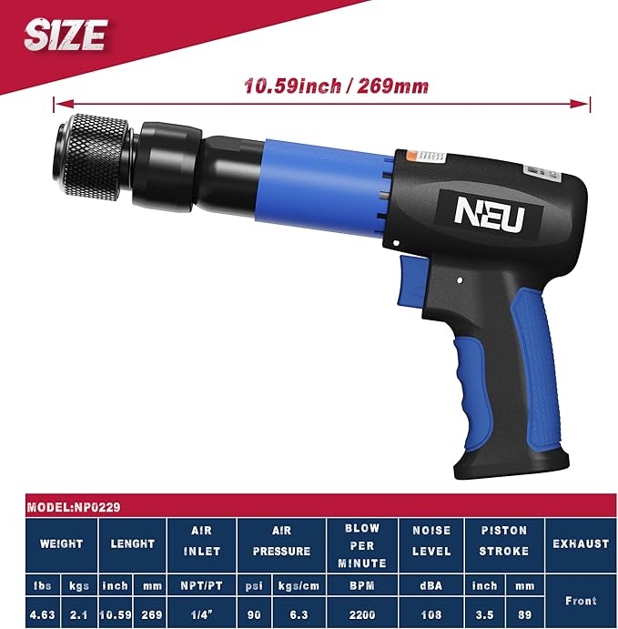 Air hammer, NEU PNEUPACTURE 250mm long barrel air chisel kit, with 4pcs chisels, with quick change retainer, 2200bpm, front exhuast, air chisel for shoveling and cutting