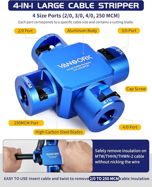 VANSORK 10380 Large Cable Stripper (2/0-250 MCM), 4-in-1 Clover Design Heavy-duty Cable Stripping and Cutting tool, Large Gauge Wire Stripper for Thick Cables Big Round Wire Insulation Jacket Removal