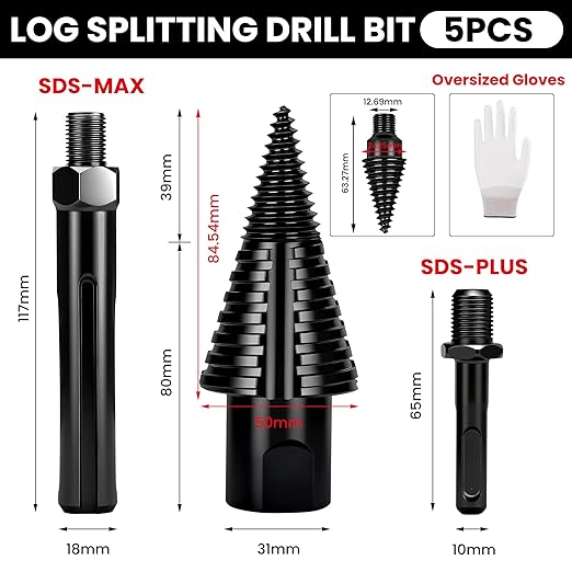 Premium Firewood Log Splitter Drill Bit Set with Detachable Design, 50mm Heavy Duty Wood Splitting Screw Cone - 2 replaceable drill bits & Handles for Electric Drill, Kindling Splitter - 6PCS